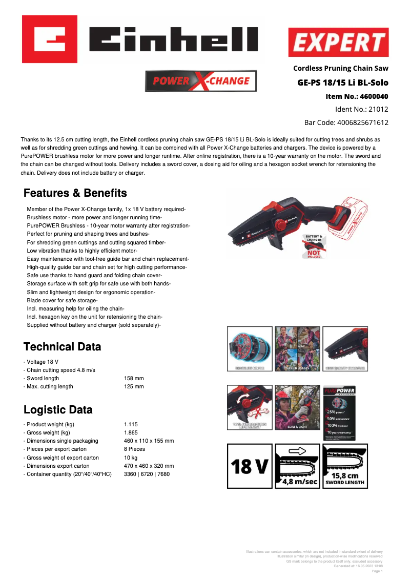 Page 1 de la notice Fiche technique Einhell GE-PS 18/15 Li BL