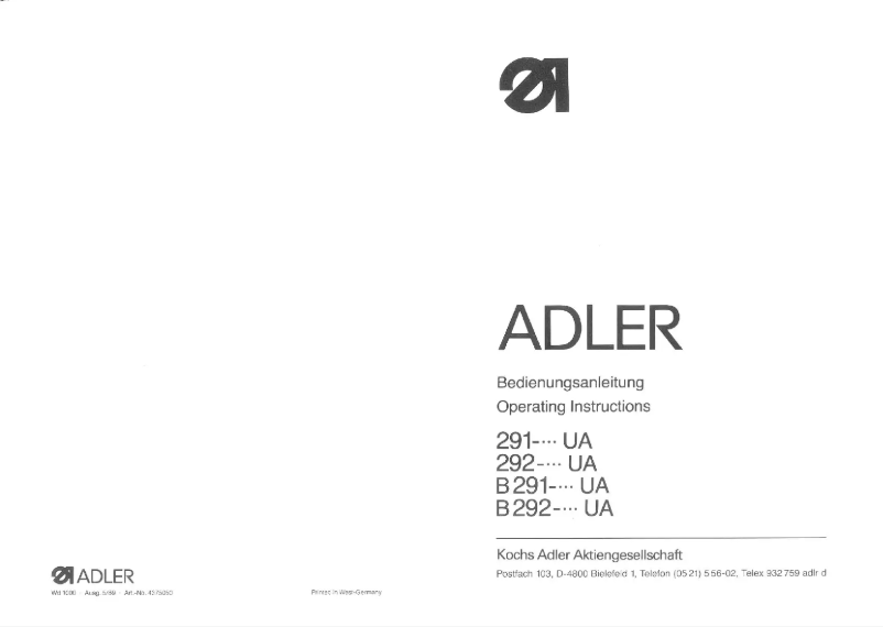 Page n°1 - Manuel utilisateur Dürkopp Adler 291