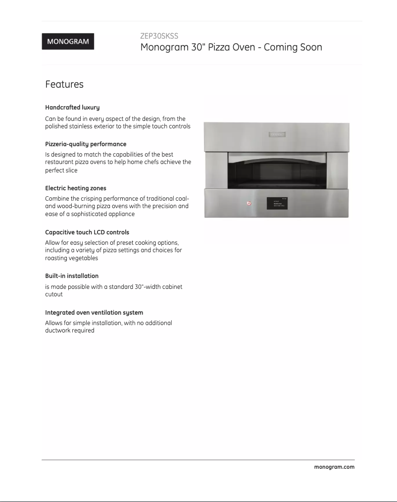 Page 1 de la notice Fiche technique Monogram ZEP30SKSS
