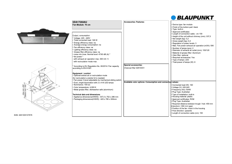 Página 1 del manual Ficha técnica Blaupunkt 5DA17260AU