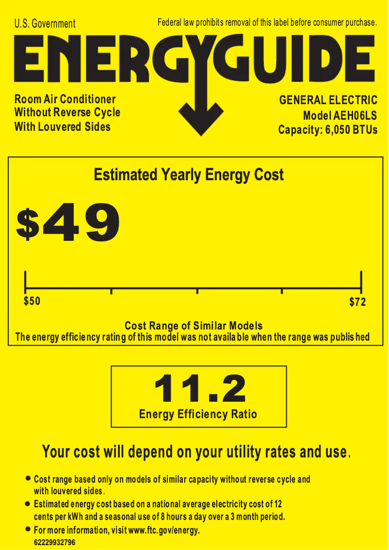 Page 1 de la notice Label énergétique GE AEH06LS