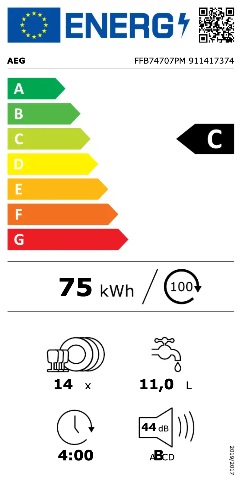 Page n°1 - Label énergétique AEG FFB74707PM