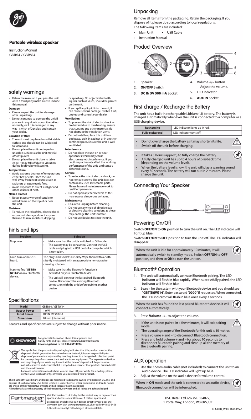 Page n°1 - Manuel utilisateur Goji GBTB14