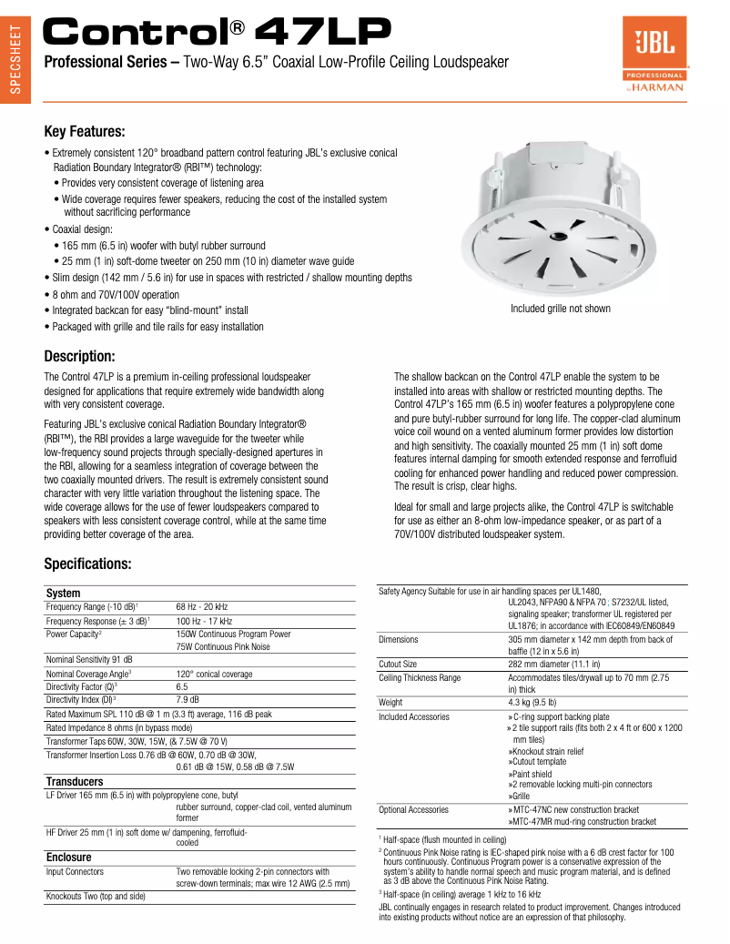 Page 1 de la notice Fiche technique JBL Control 47LP