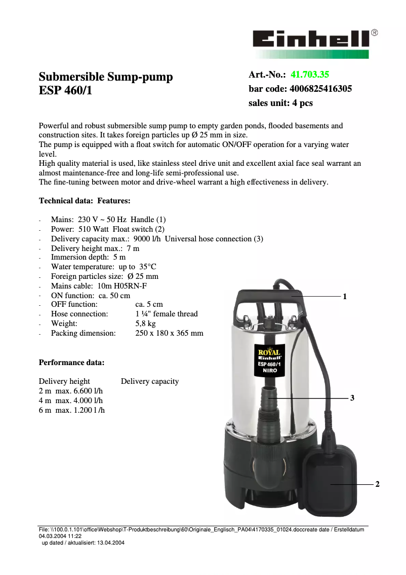 Page n°1 - Fiche technique Einhell Royal ESP 460/1