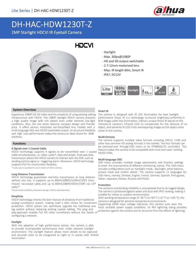 Page n°1 - Fiche technique Dahua Technology HAC-HDW1230T-Z