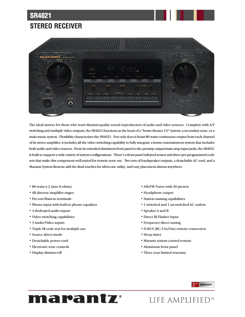 Page 1 de la notice Fiche technique Marantz SR-4021