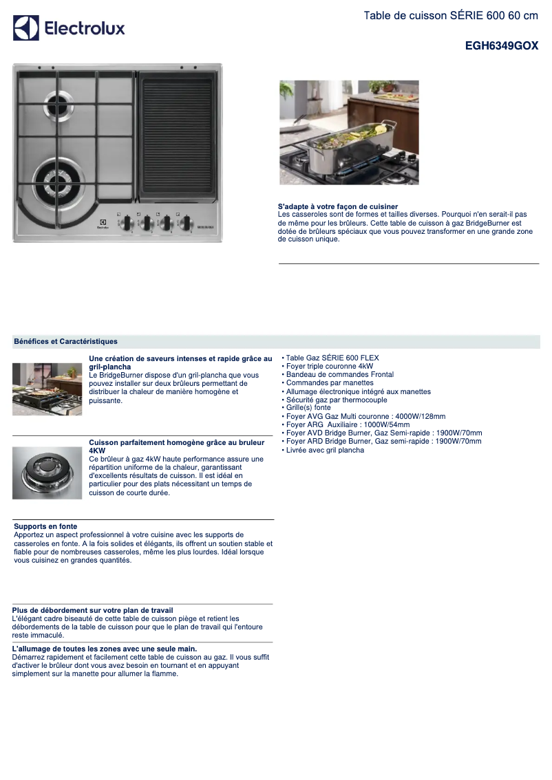 Page 1 de la notice Fiche technique Electrolux EGH6349GOX