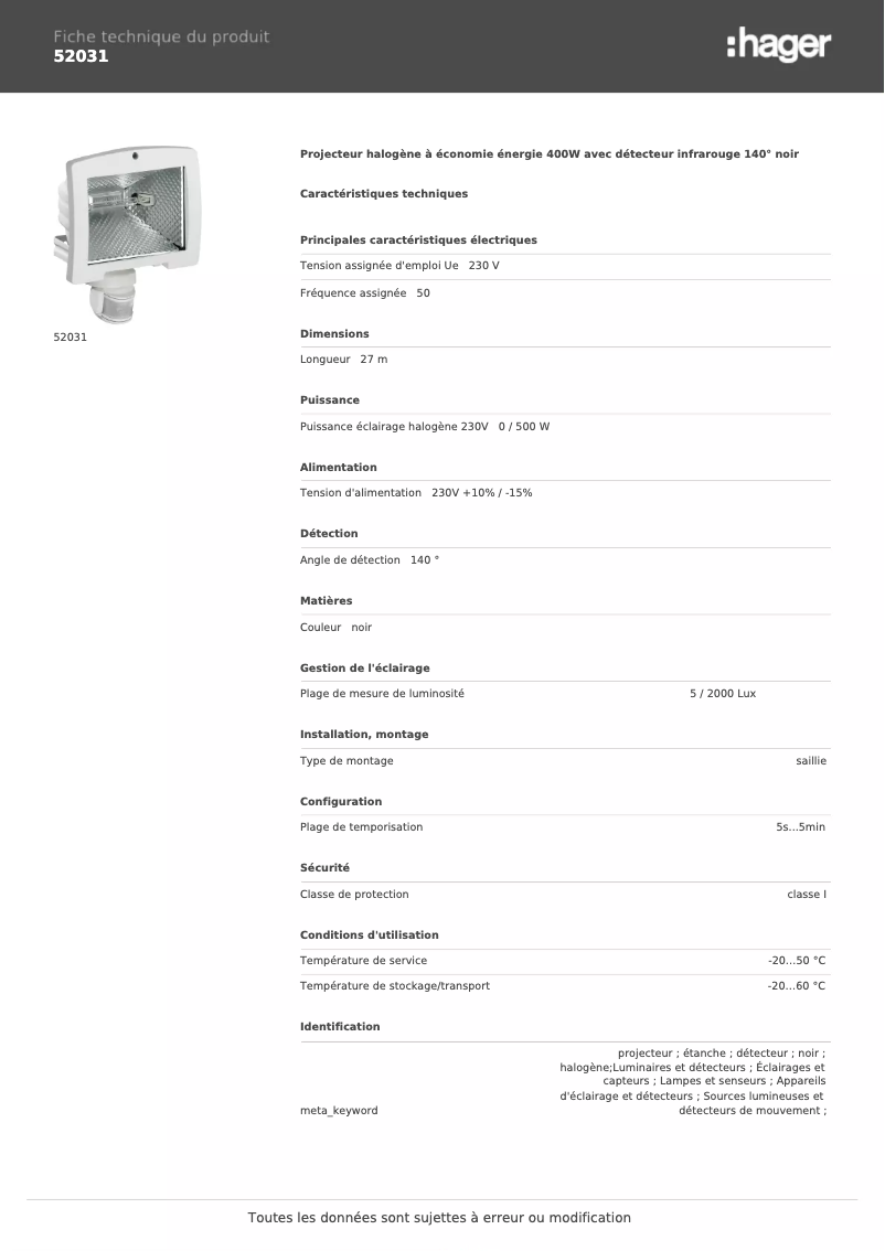 Page 1 de la notice Fiche technique Hager 52031
