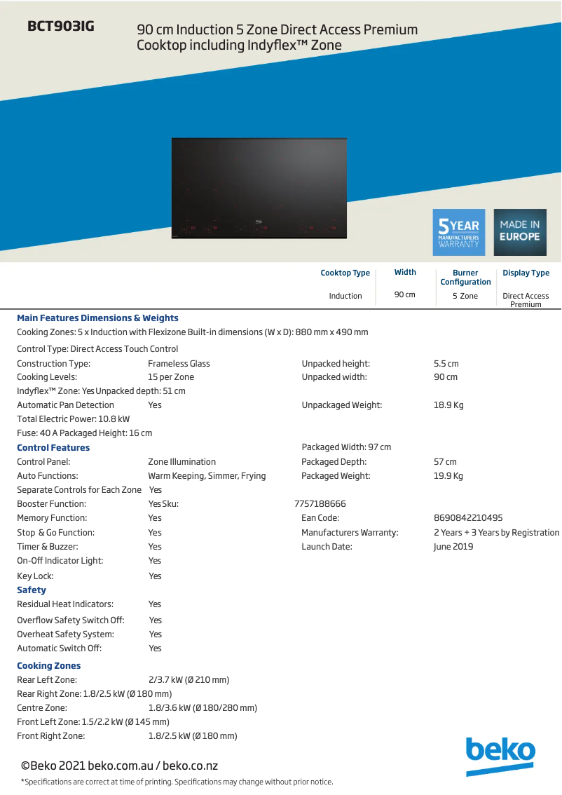 Page n°1 - Fiche technique Beko BCT903IG