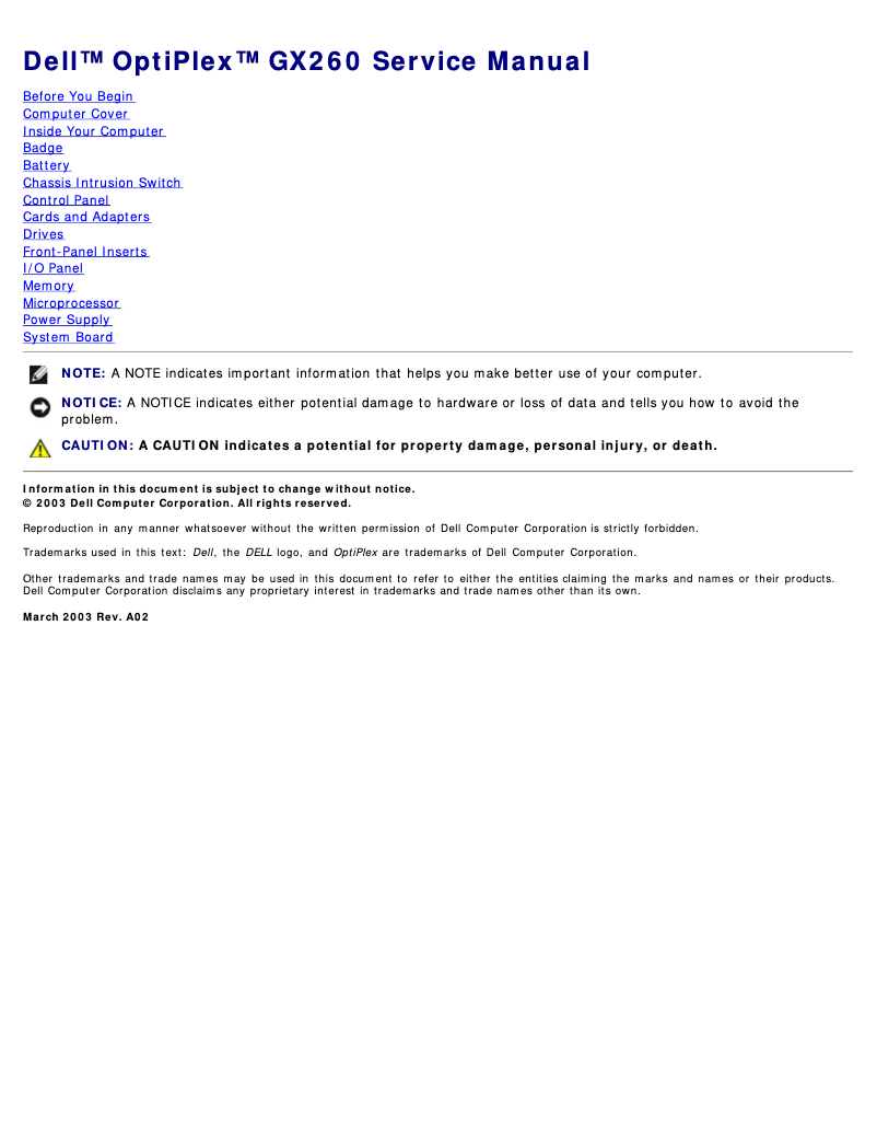 Image de la première page du manuel de l'appareil OptiPlex GX260