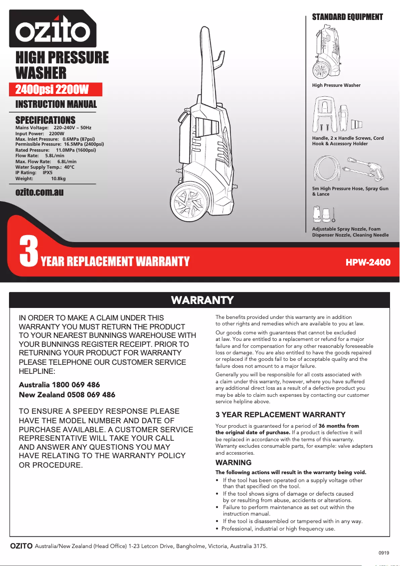 Page n°1 - Manuel utilisateur Ozito HPW-2400