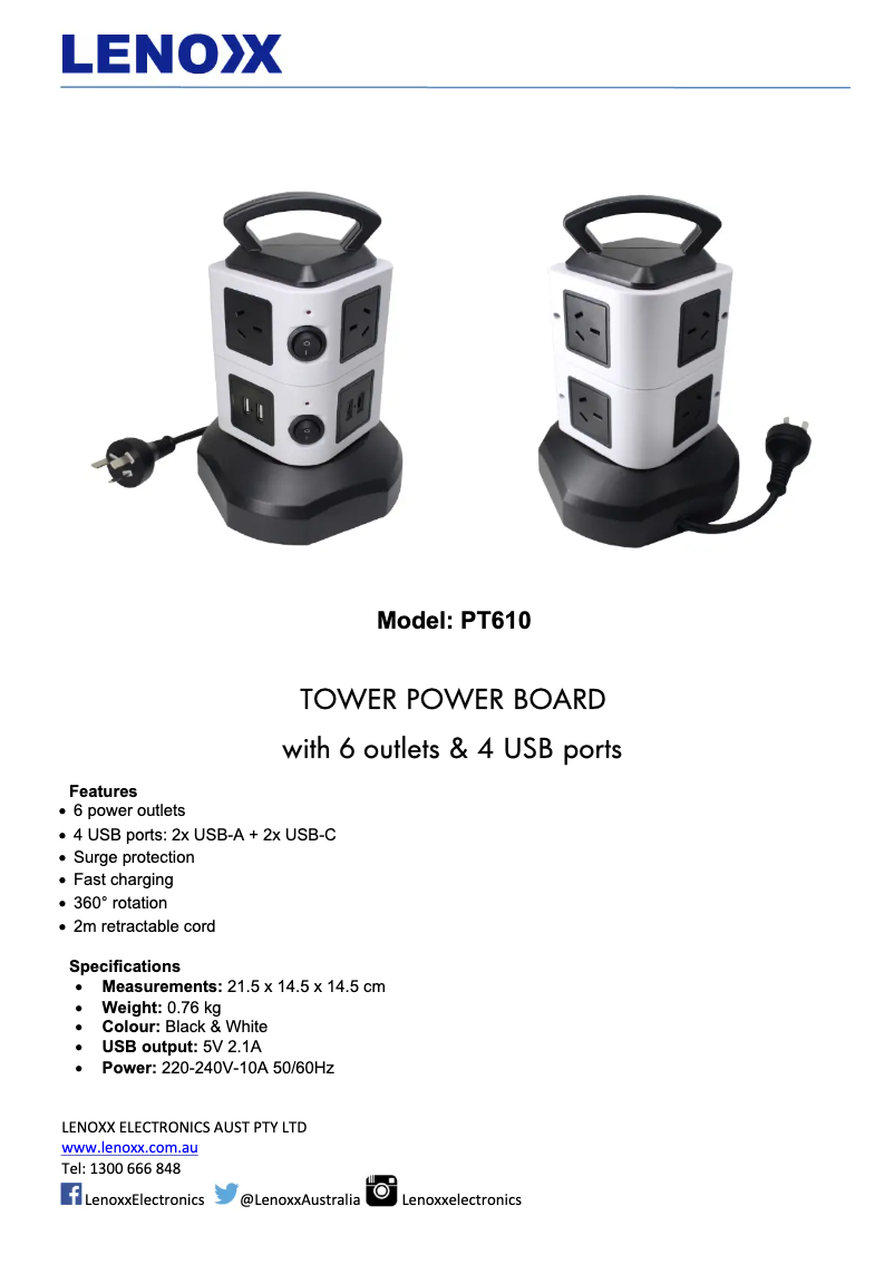 Page 1 de la notice Fiche technique Lenoxx PT610