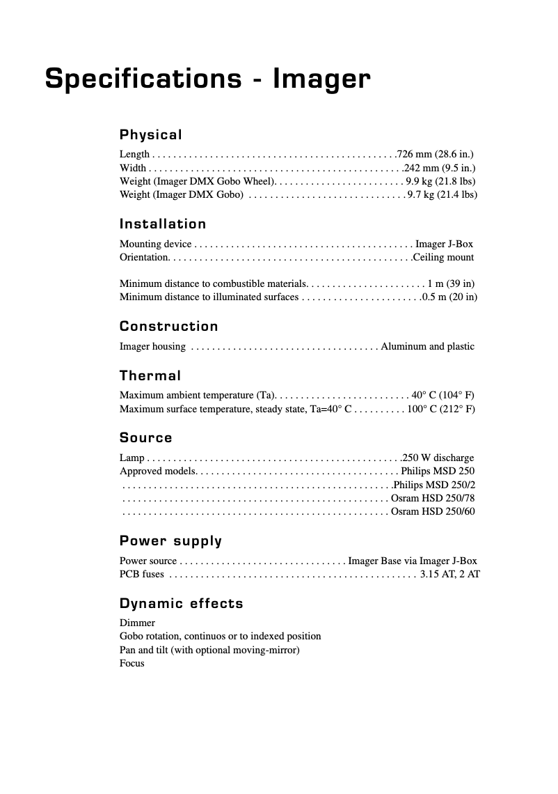 Page 1 of the manual Technical Sheet Martin Imager Base