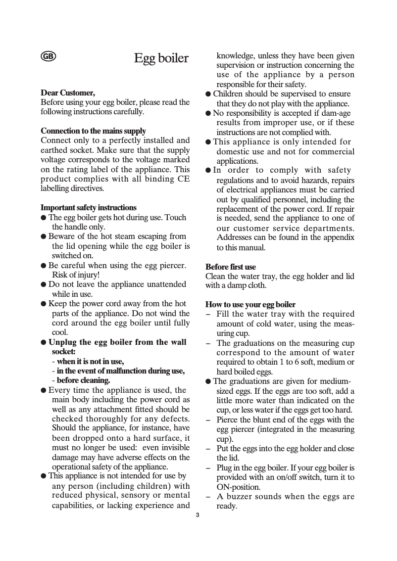 Page 1 de la notice Manuel utilisateur Severin EK 3052