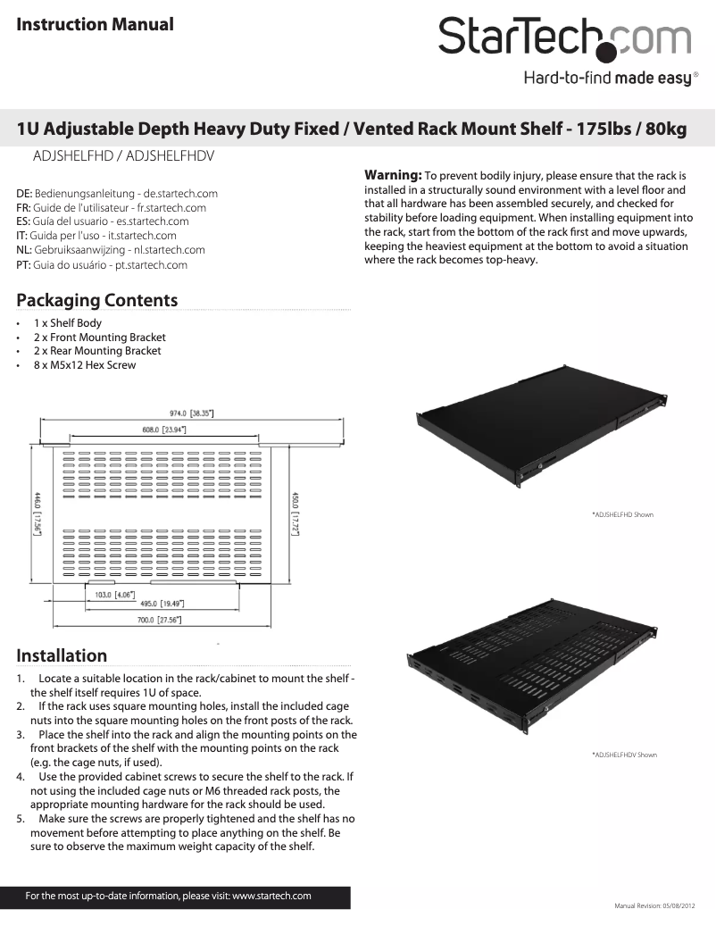 Page 1 de la notice Manuel utilisateur StarTech.com ADJSHELFHD