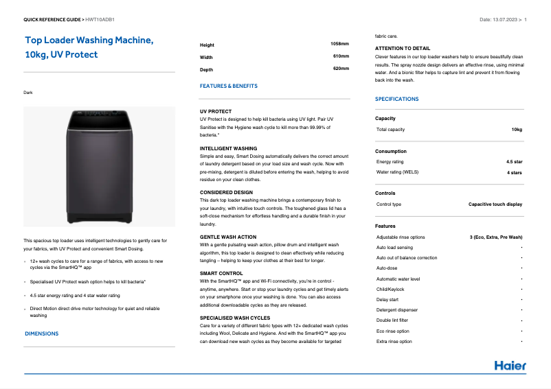 Page 1 de la notice Label énergétique Haier HWT10ADB1
