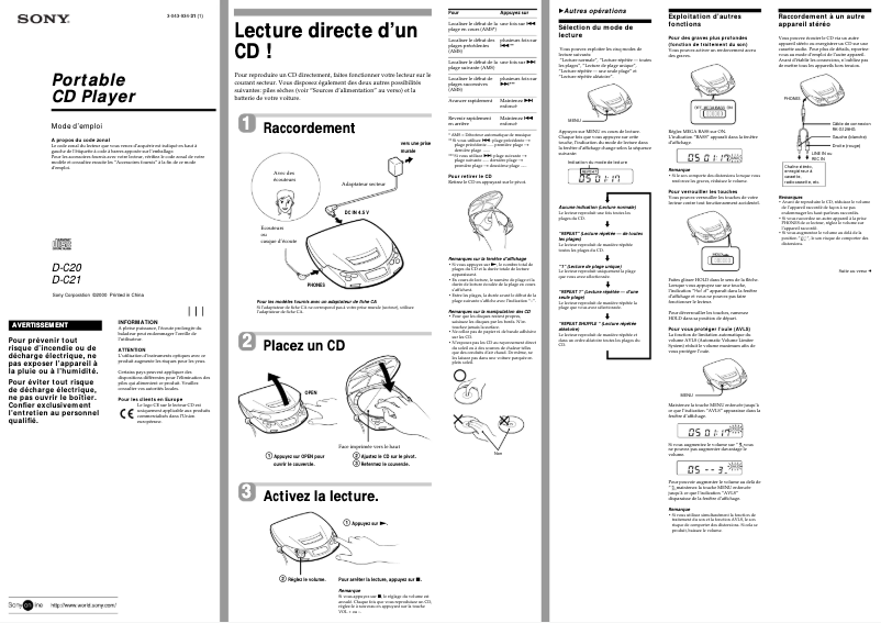 Page 1 de la notice Manuel utilisateur Sony D-C21
