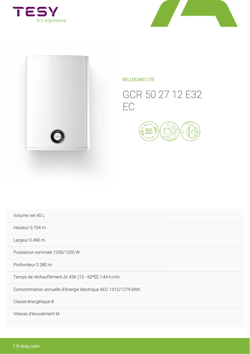 Página 1 del manual Ficha técnica Tesy BelliSlimo Lite 50