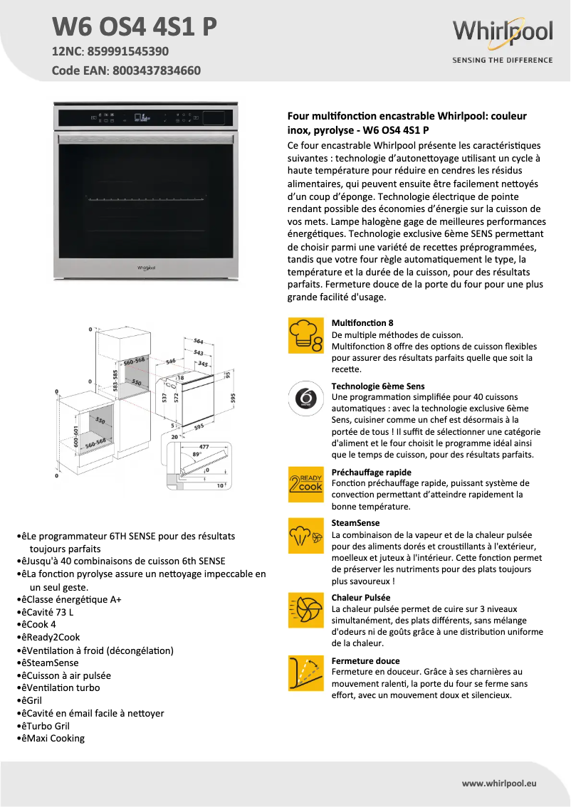 Page 1 de la notice Fiche technique Whirlpool W6 OS4 4S1 P