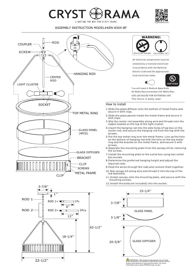 Page 1 de la notice Manuel utilisateur Crystorama Kendal KEN-8304-BF