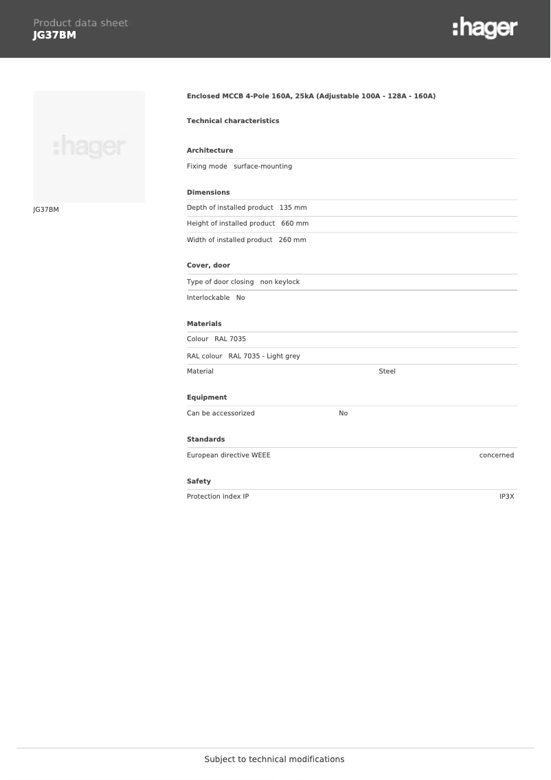 Page n°1 - Fiche technique Hager JG37BM