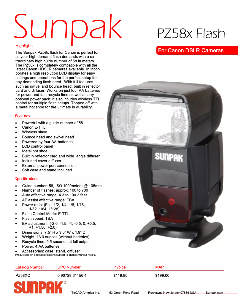 Page 1 de la notice Manuel utilisateur Sunpak PZ58x