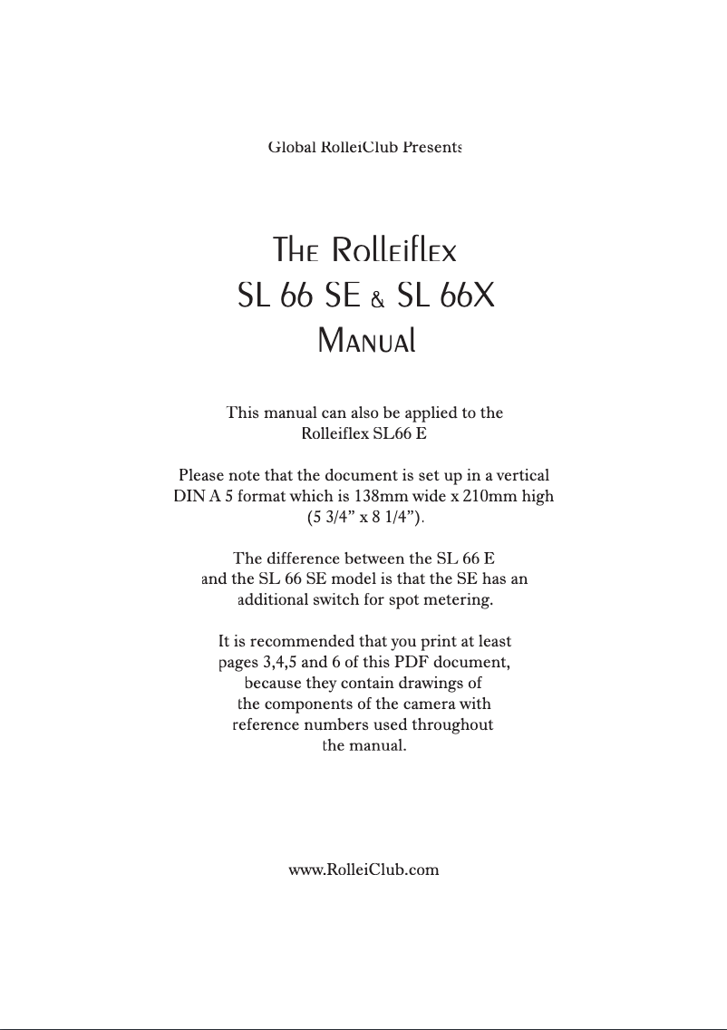 Page 1 de la notice Manuel utilisateur Rollei Rolleiflex SL66 SE