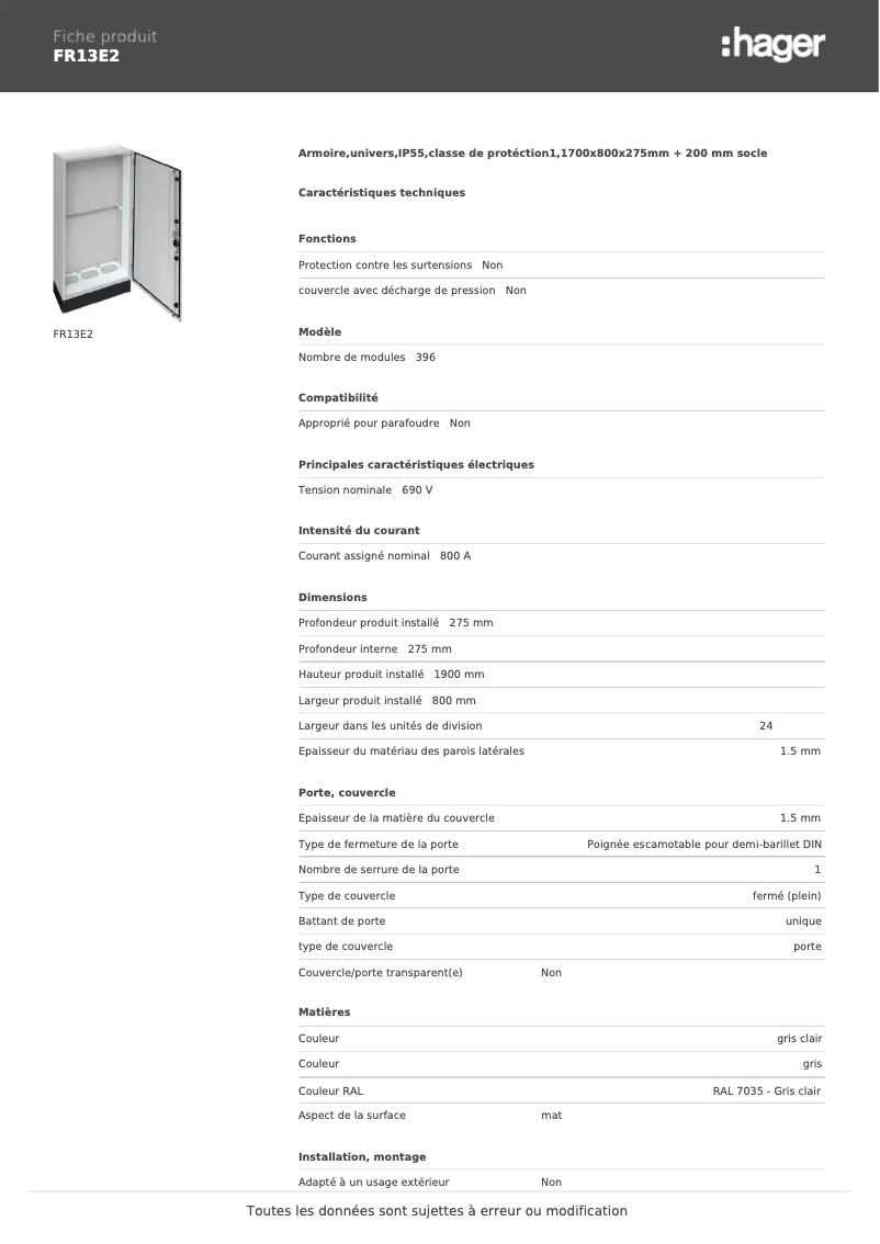 Page n°1 - Fiche technique Hager FR13E2