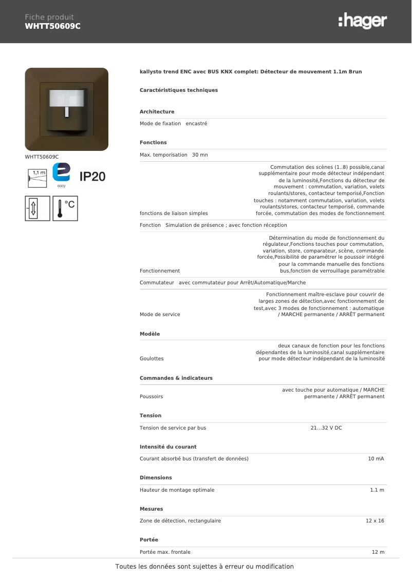 Page 1 de la notice Fiche technique Hager WHTT50609C