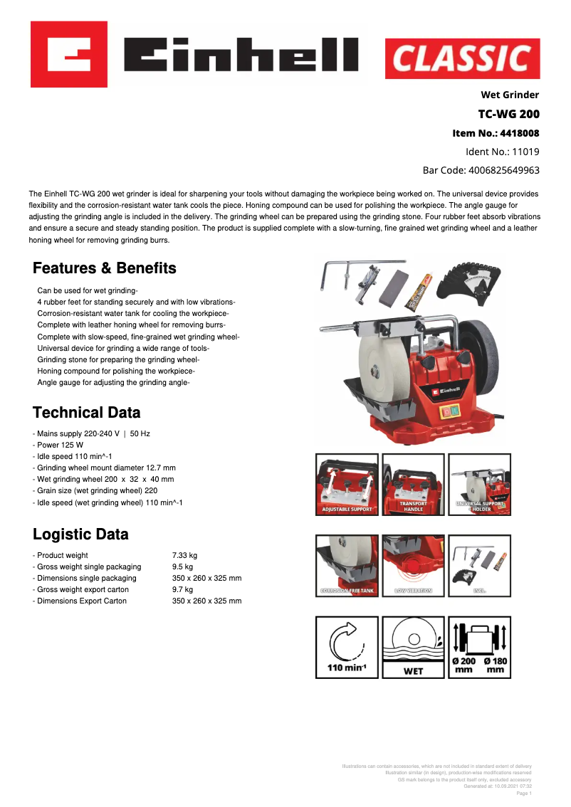 Page 1 de la notice Fiche technique Einhell TC-WG 200