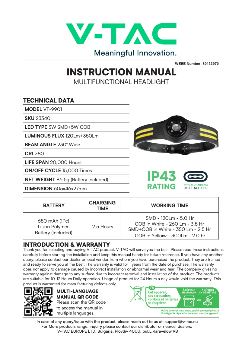 Page 1 de la notice Manuel utilisateur V-TAC VT-9901
