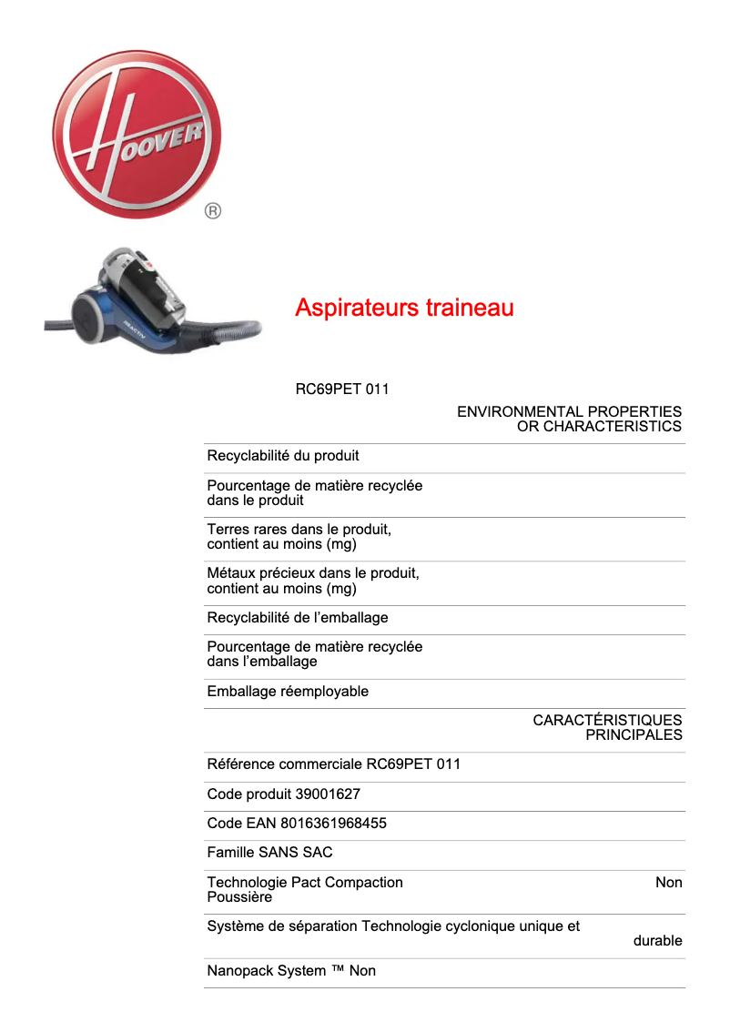 Page n°1 - Fiche technique Hoover RC69PET 011