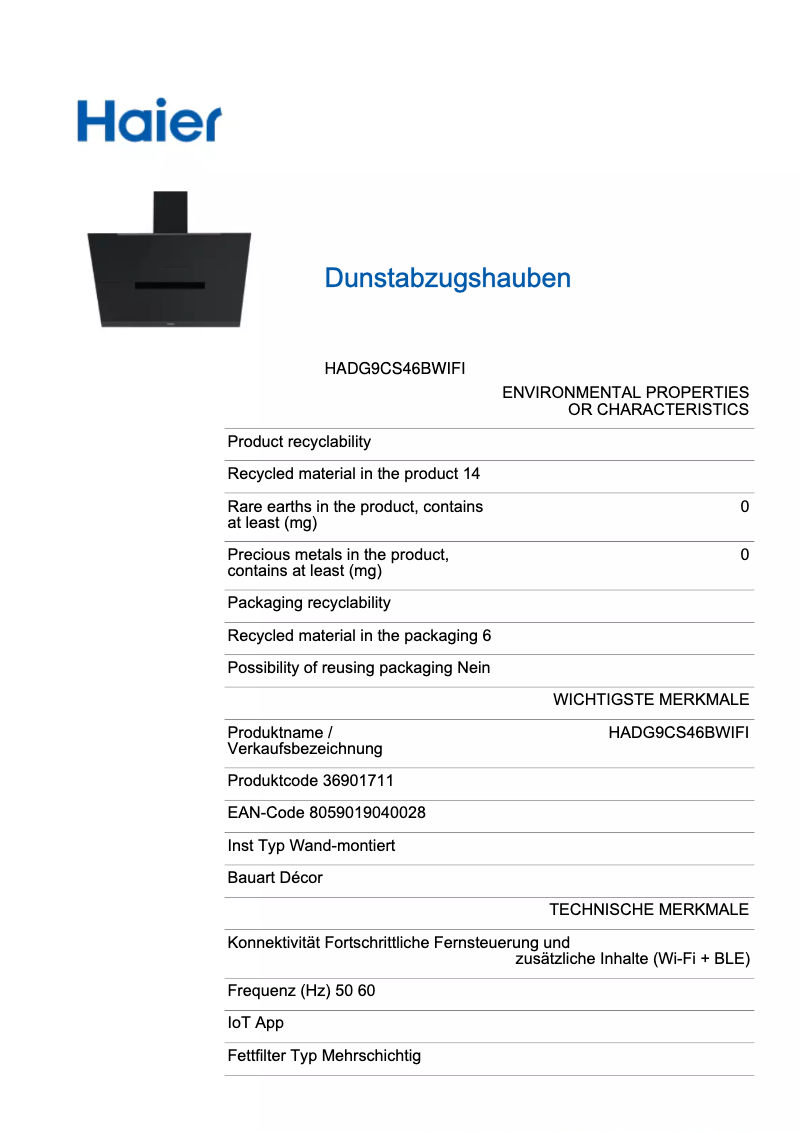 Page 1 de la notice Fiche technique Haier HADG9CS46BWIFI