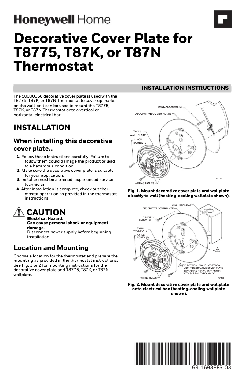 Page 1 de la notice Guide d'installation Honeywell CT87K1012/U1
