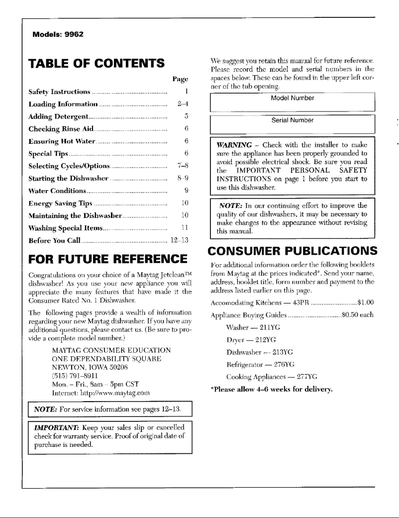 Page n°1 - Manuel utilisateur Maytag 9962