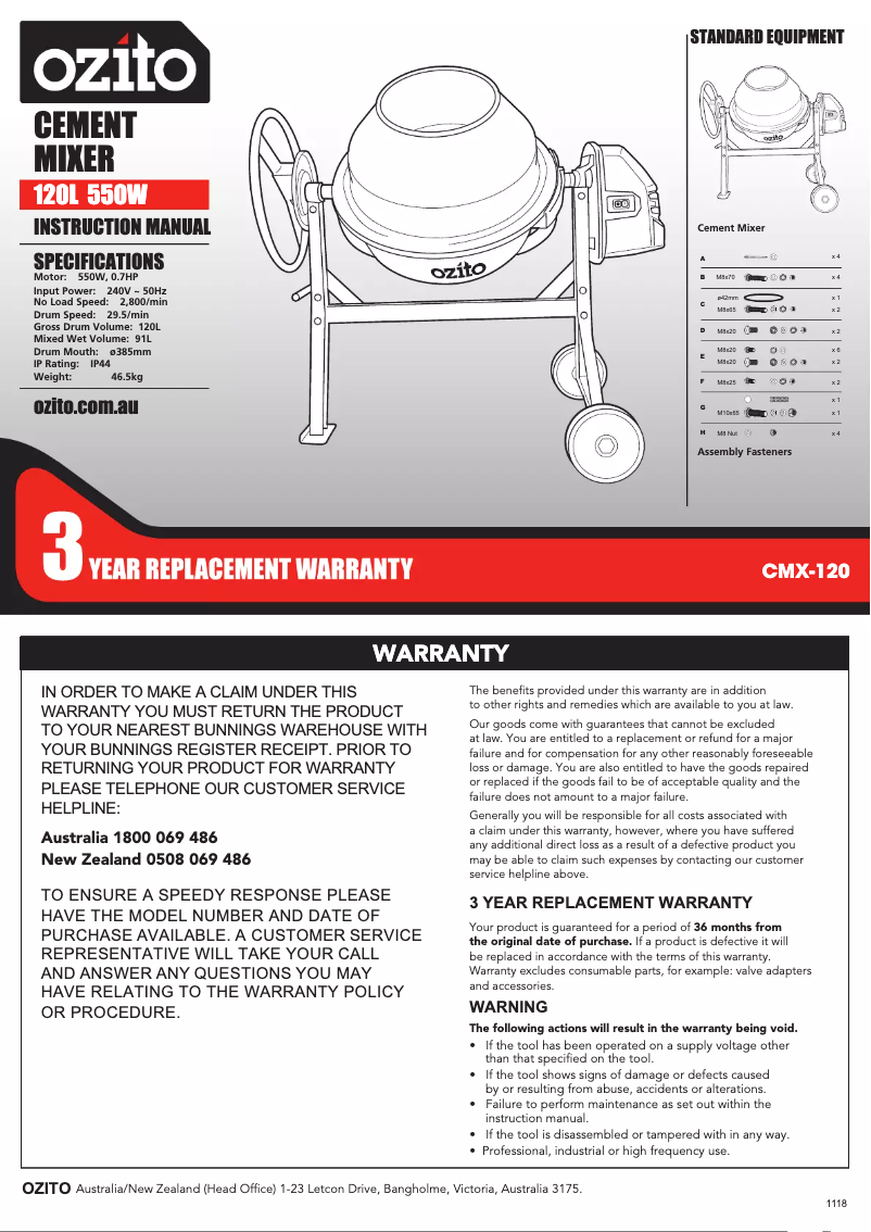 Page 1 de la notice Manuel utilisateur Ozito CMX-120