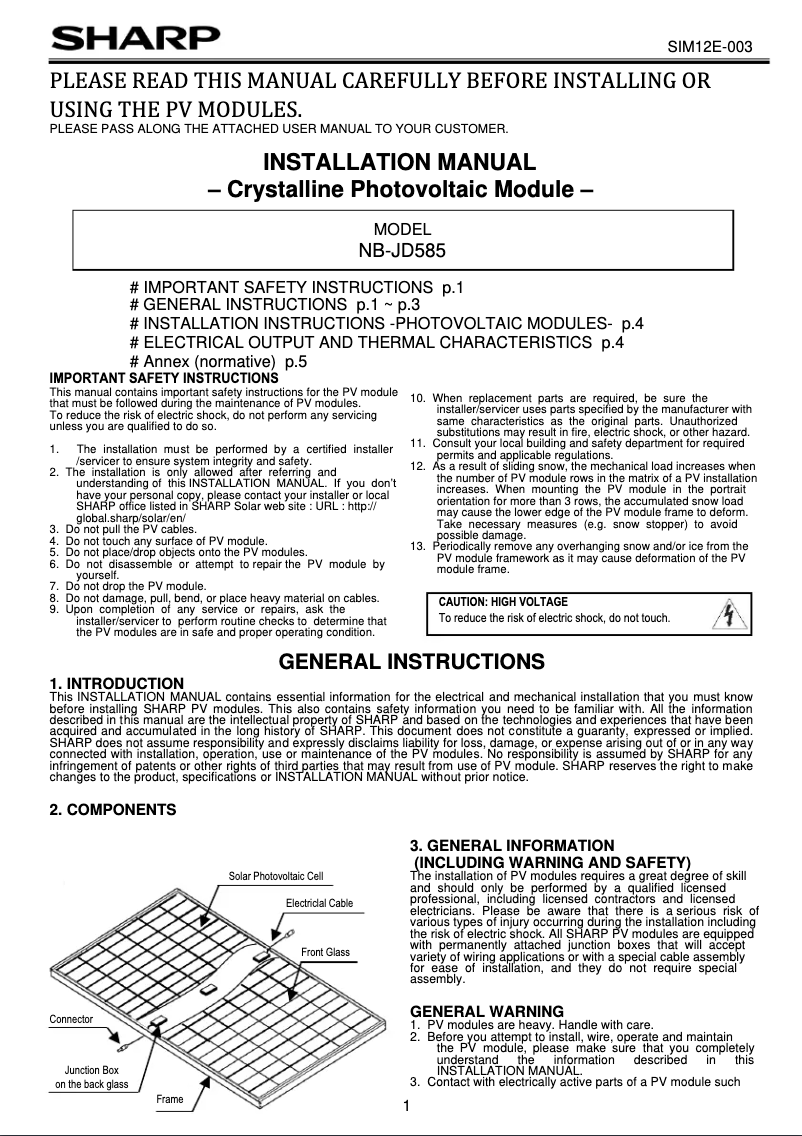 Page 1 de la notice Manuel utilisateur Sharp NB-JD585