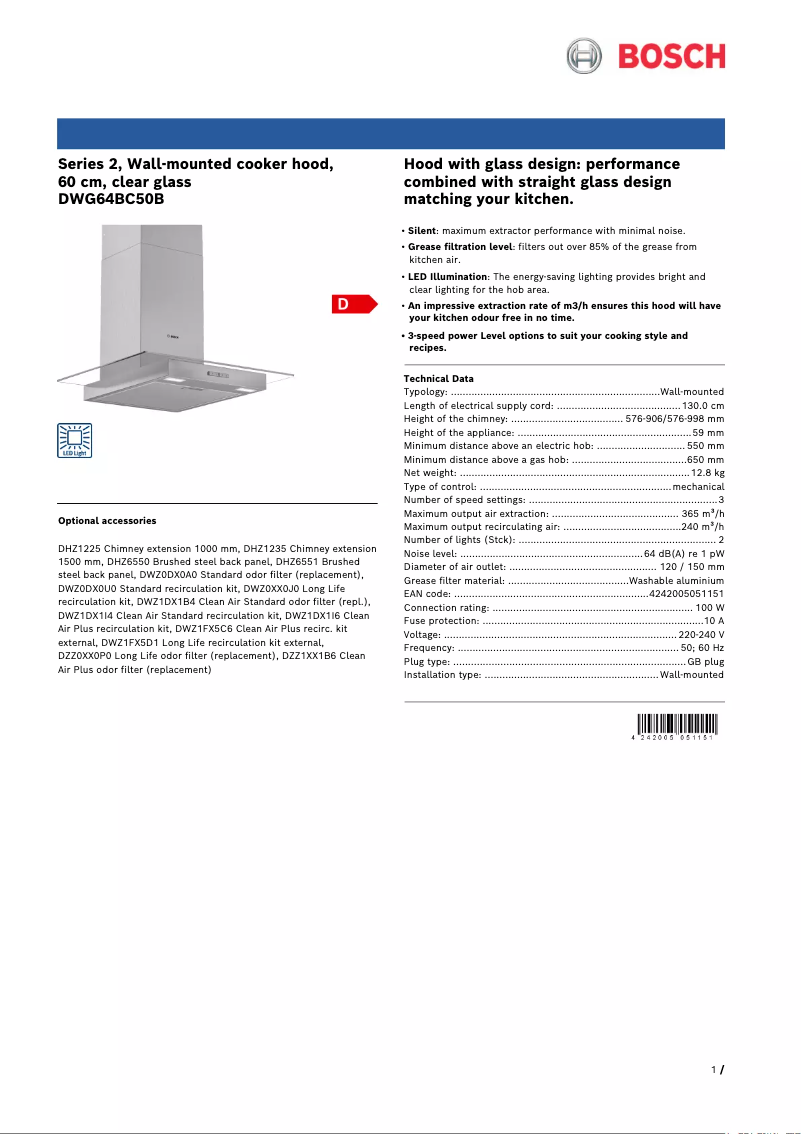 Page 1 de la notice Fiche technique Bosch Serie 2 DWG64BC50B