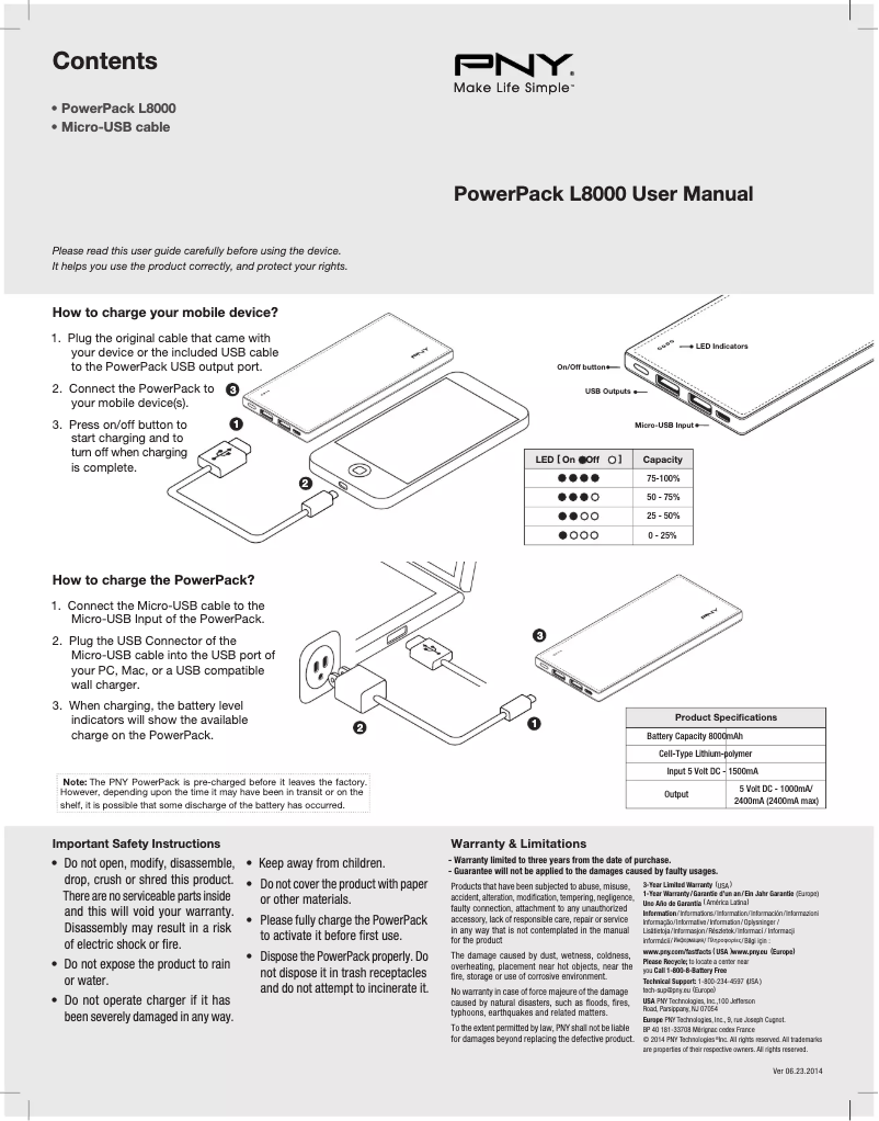 Page n°1 - Manuel utilisateur PNY PowerPack L8000