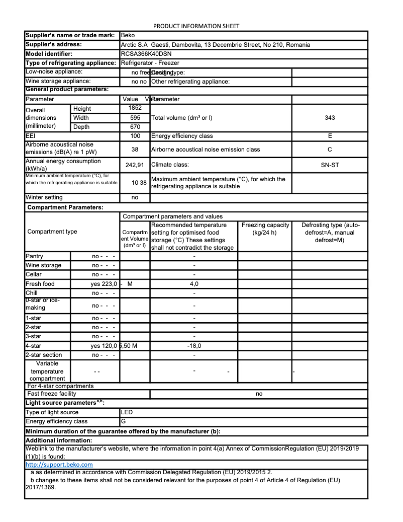Page 1 de la notice Fiche technique Beko RCSA366K40DSN