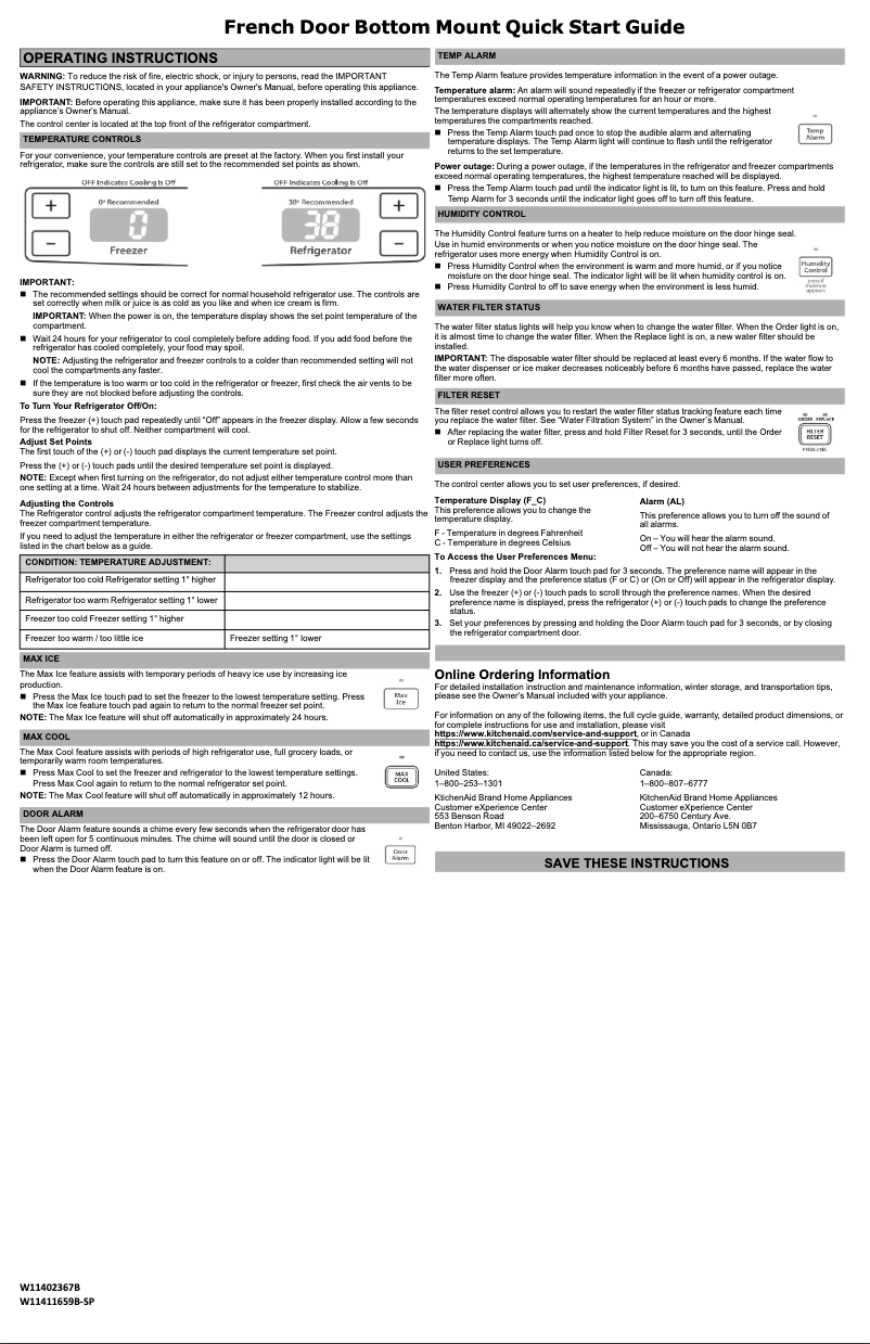 Page 1 de la notice Guide de démarrage rapide KitchenAid KRFC300EWH