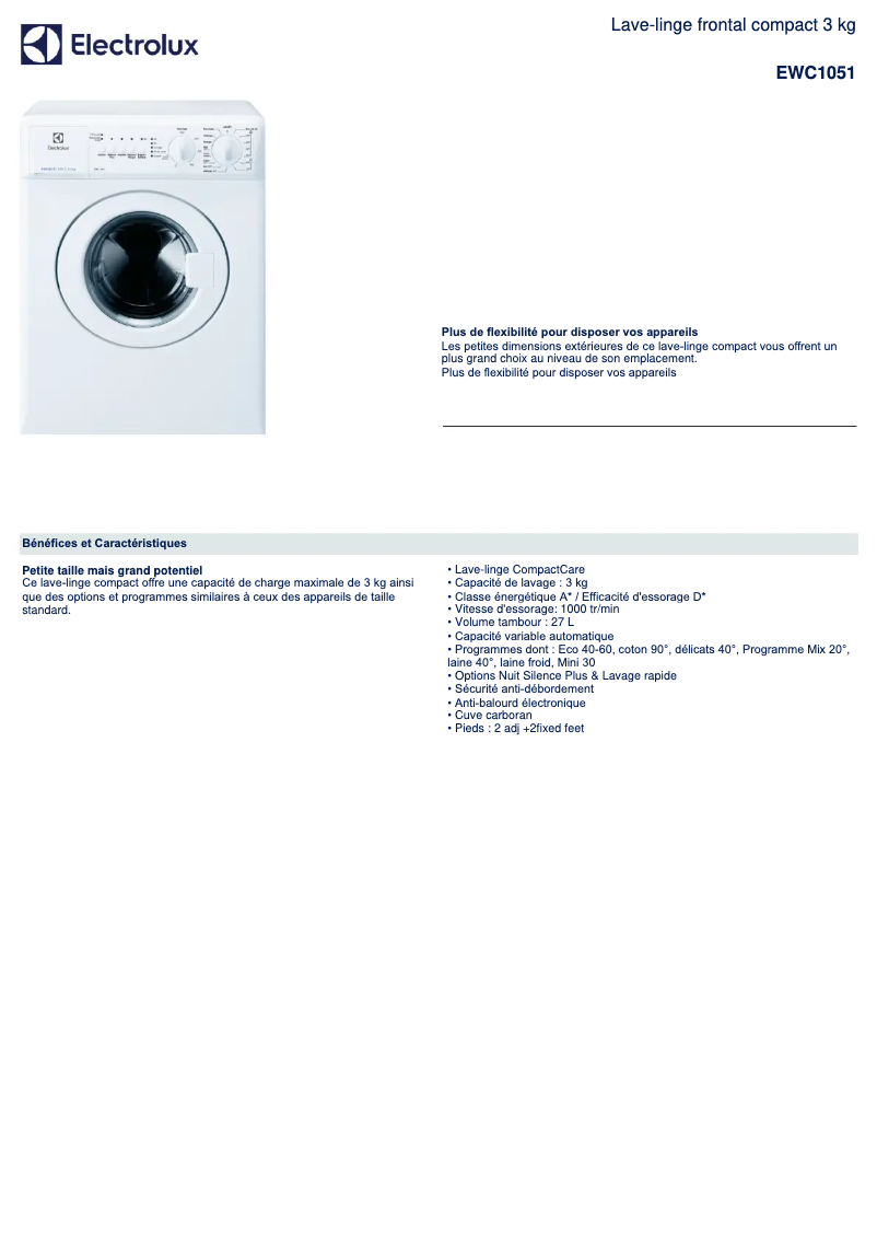 Página 1 del manual Ficha técnica Electrolux EWC1051