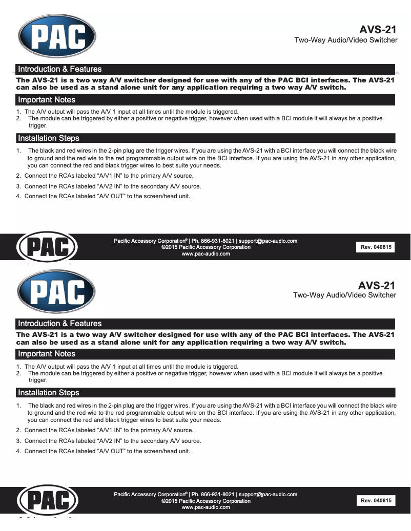 Página 1 del manual Manual de usuario PAC AVS-21