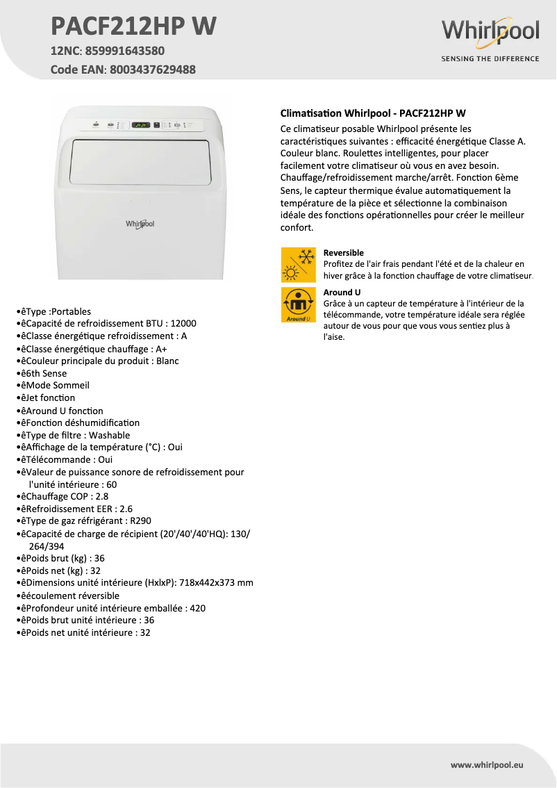 Page 1 de la notice Fiche technique Whirlpool PACF212HP W