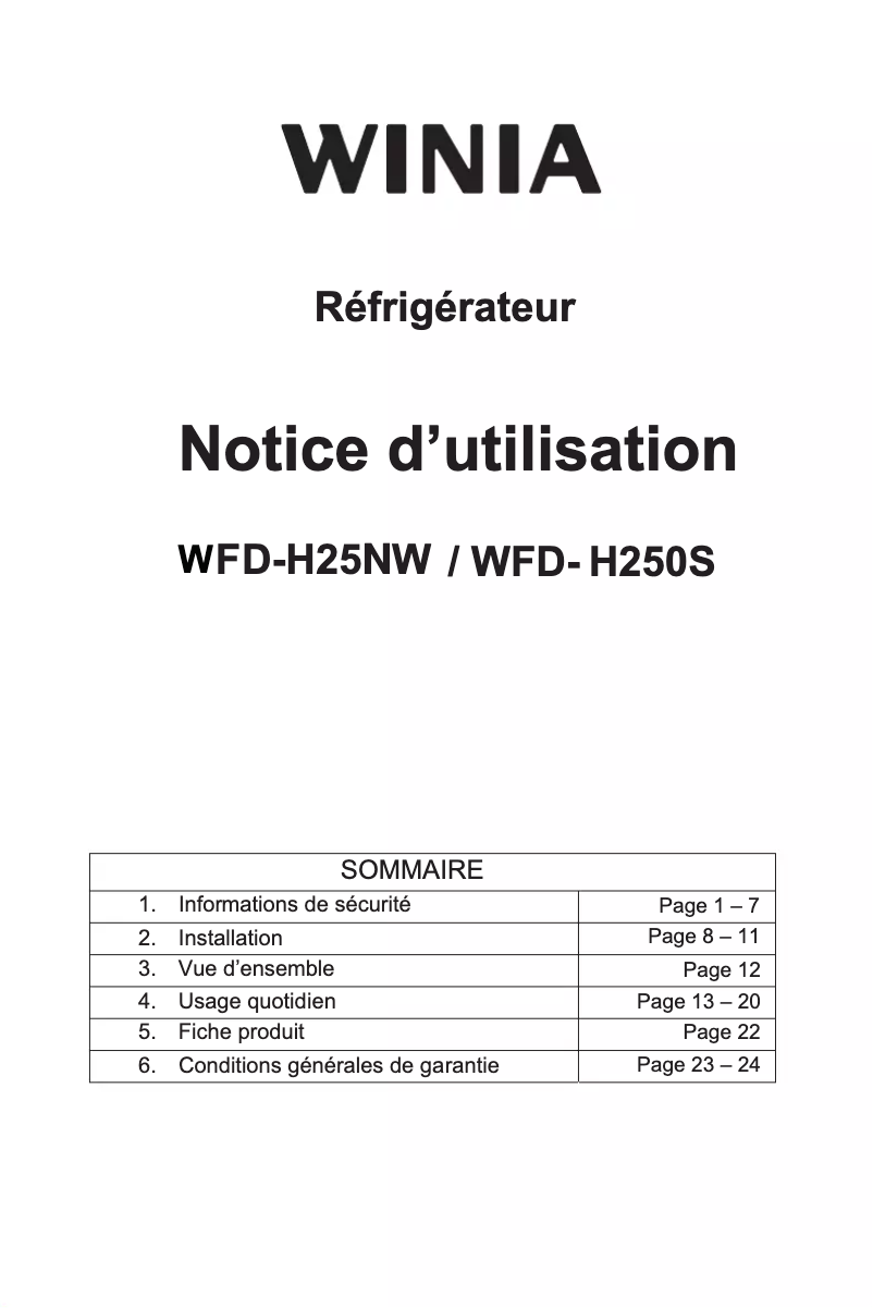 Page 1 de la notice Manuel utilisateur Winia WFD-H25NW