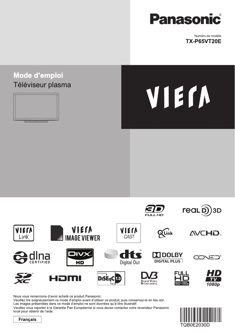 Page 1 de la notice Manuel utilisateur Panasonic TX-P65VT20E