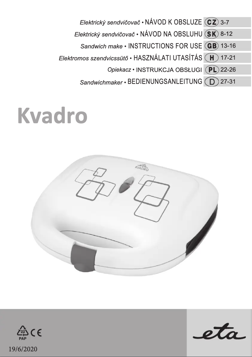 Page 1 de la notice Manuel utilisateur Eta Kvadro 4153 90000