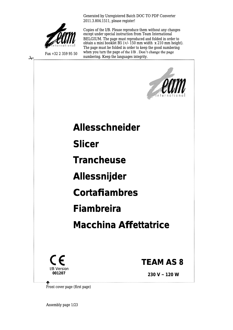 Page n°1 - Manuel utilisateur Team AS 8