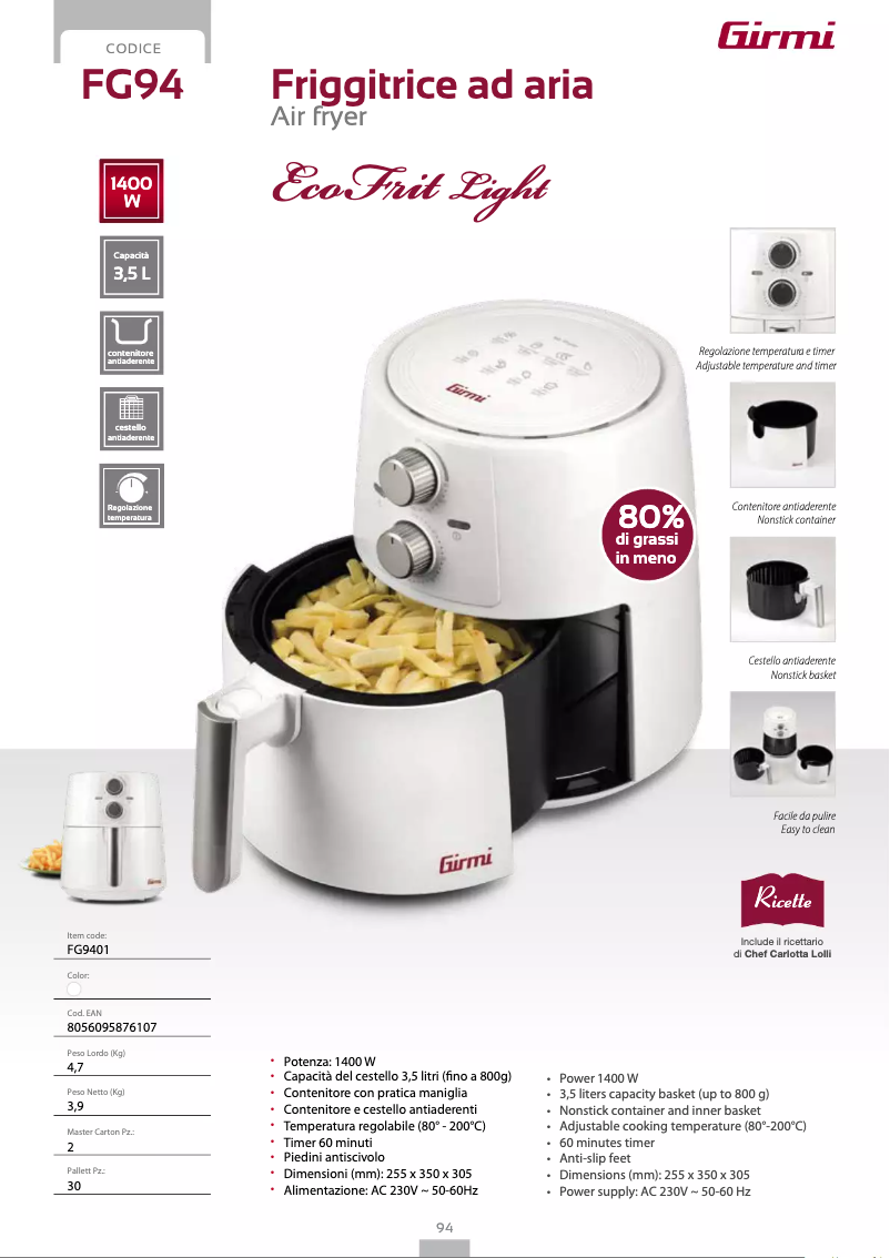 Page 1 de la notice Fiche technique Girmi FG94